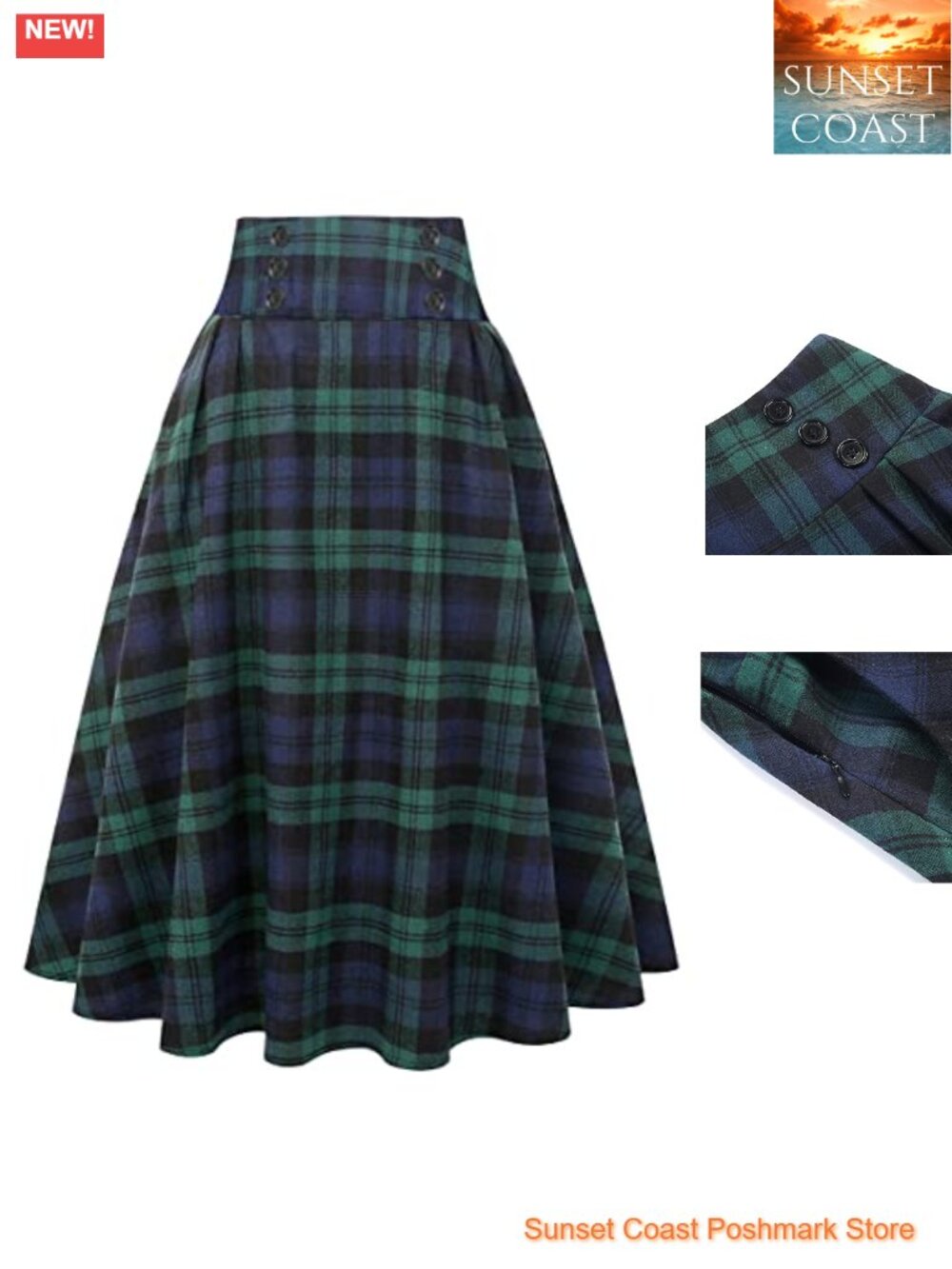 High Waist A-Line Pleated Midi Plaid Skirt with Pockets
